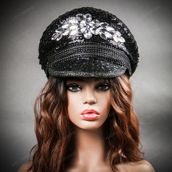 Steampunk Burning Man Captain Hat with Silver Rhinestones - Black - Picture 8 of 10